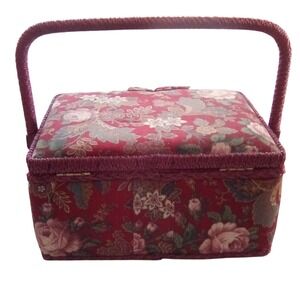 Vintage Maroon Red, Floral, Flip Up Lid Sewing Box,(11x"8"x7")